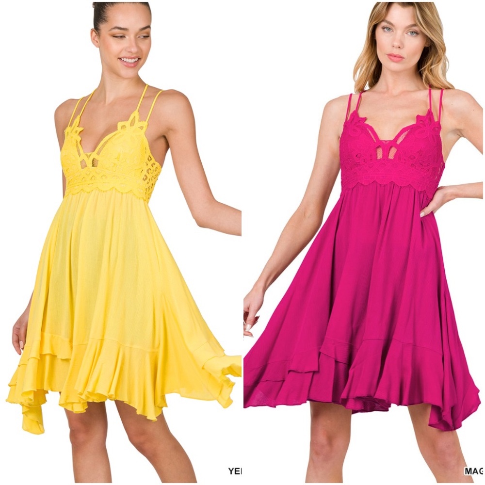 CROCHET LACE ASYMMETRIC RUFFLE TRIM CAMI DRESS - Picture 3 of 7
